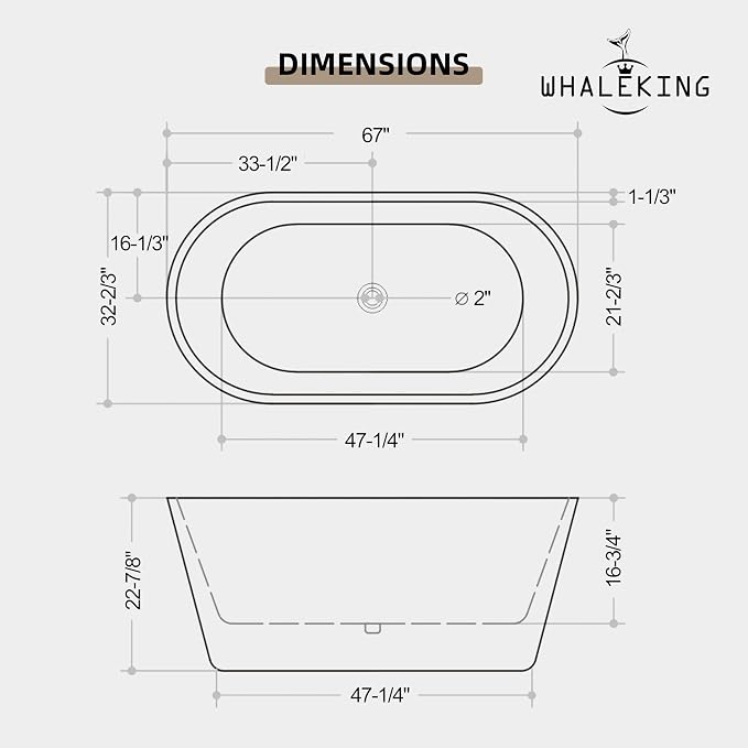 67 inch Freestanding Soaking Bathtub, Modern Stand Alone Free Standing Acrylic - Image 7
