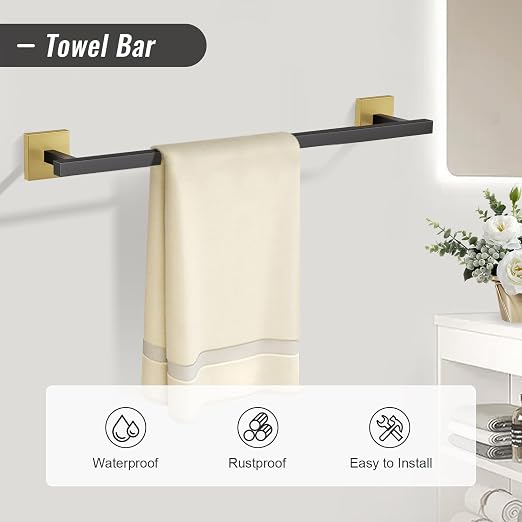YACVCL Towel Bar Set, 5-Piece Black and Gold Bathroom Hardware Set, SUS304 - Image 2