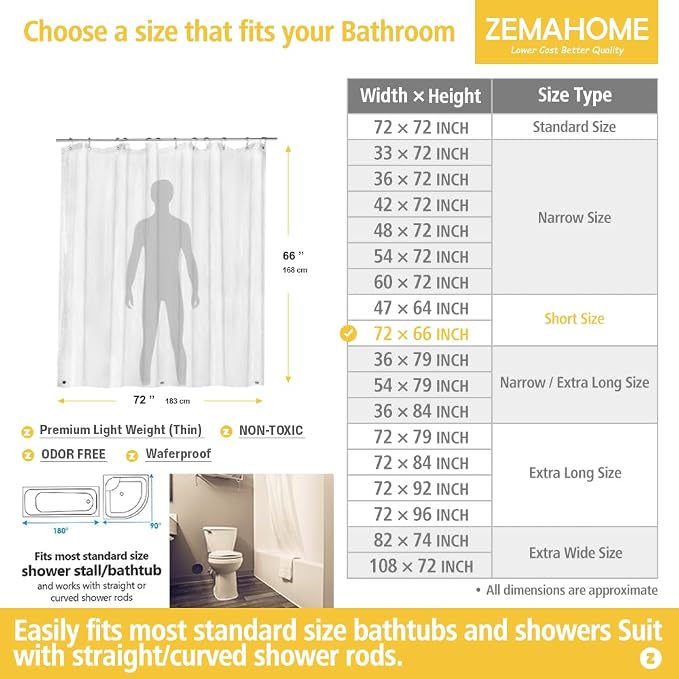 Short Size PEVA Plastic Shower Curtain Liner Premium Light Weight 72" x 66" - Image 2