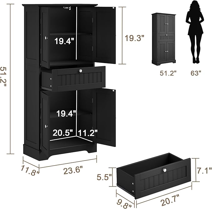 ChooChoo 51" H Tall Bathroom Floor Cabinet, Modern Bathroom Storage Cabinet - Image 3