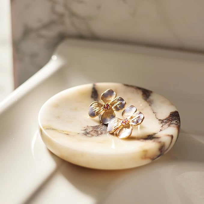 Round Marble Soap Dish, Jewelry Tray, Natural Ring Holder, Nightstand Décor - Image 3
