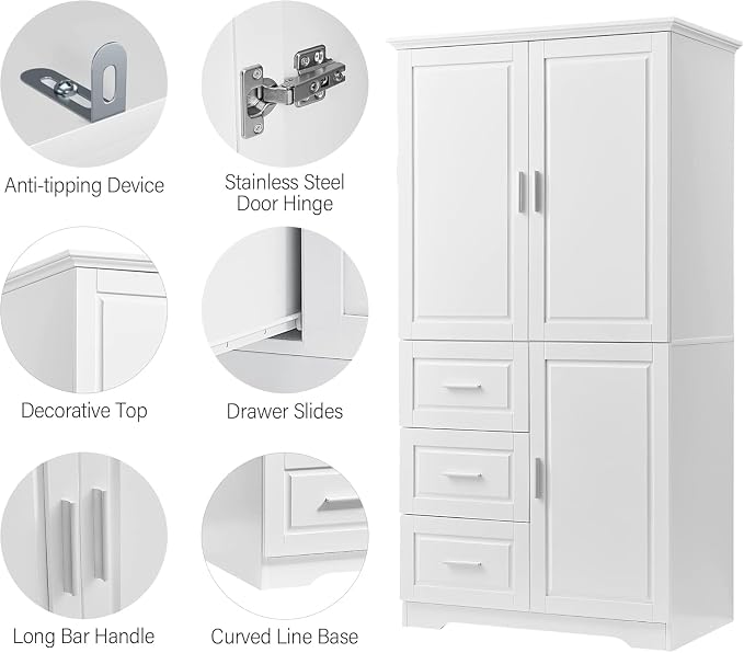 Tall Wide Storage Cabinet with 3 Doors, 3 Drawers, and Adjustable Shelves - Image 5
