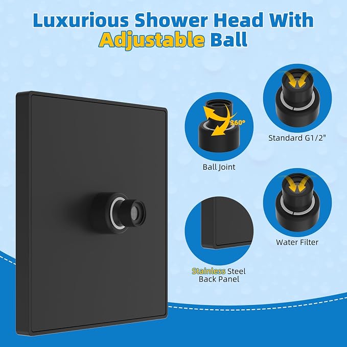 Hibbent Thickness Metal Rain Shower Head, 8 Inch High Pressure Rainfall Shower - Image 2