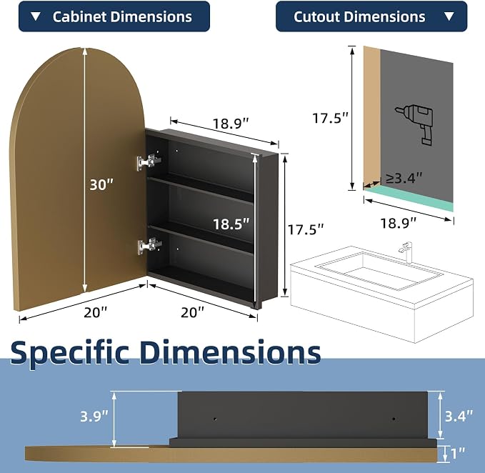 Medicine Cabinets for Bathroom, Brush Gold Arched Medicine Cabinet Recessed or - Image 4