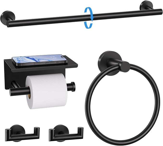 TNOMS 5 Pieces Towel Bar Set Matte Black Bathroom Hardware Set Upgraded Toilet by TNOMS