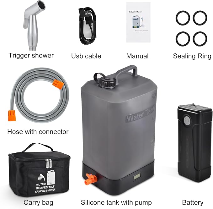 B. TAWD 4.5 Gallon Silicone Water Tank, Portable Camping Shower, USB Battery - Image 6