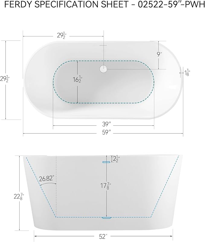 FerdY Shangri-La 59" Acrylic Freestanding Bathtub, Gracefully Shaped Soaking - Image 8