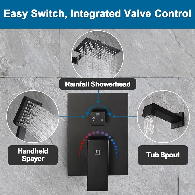 POP SANITARYWARE Matte Black Shower Tub Faucet Set Bathroom Rain Shower System - Image 6