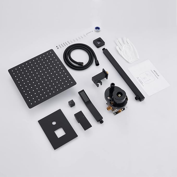 Rain Shower System 12 Inches Shower Combo Set Black Wall Mount Faucet Bathroom - Image 6