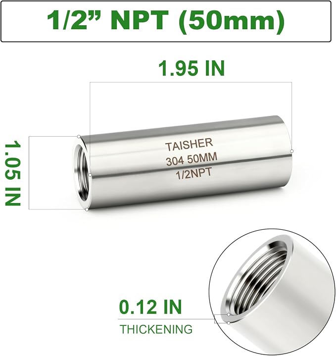 TAISHER 2PCS Stainless Steel Pipe Fittings, 1/2" NPT Female x 1/2" NPT Female - Image 2