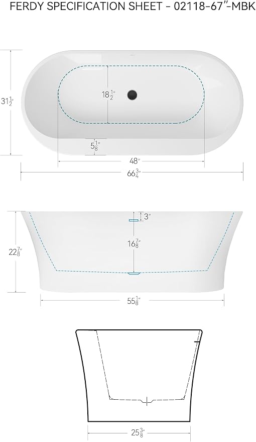 FerdY Mauritius 67" Acrylic Freestanding Tub, Oval Contemporary Soaker Tub - Image 7