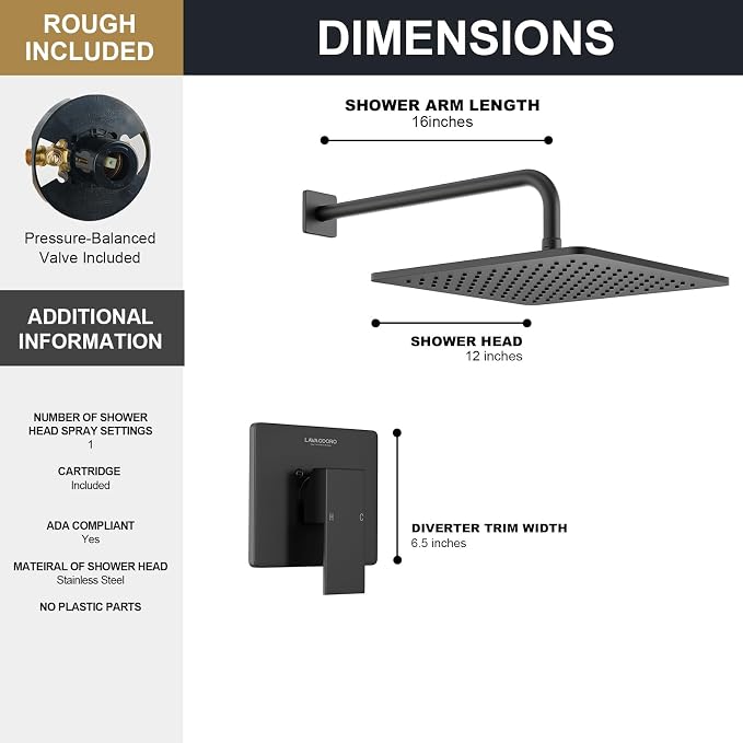 Lava Odoro 12-inch Modern Square Shower Faucet Set Matte Black, Shower Trim Kit - Image 7