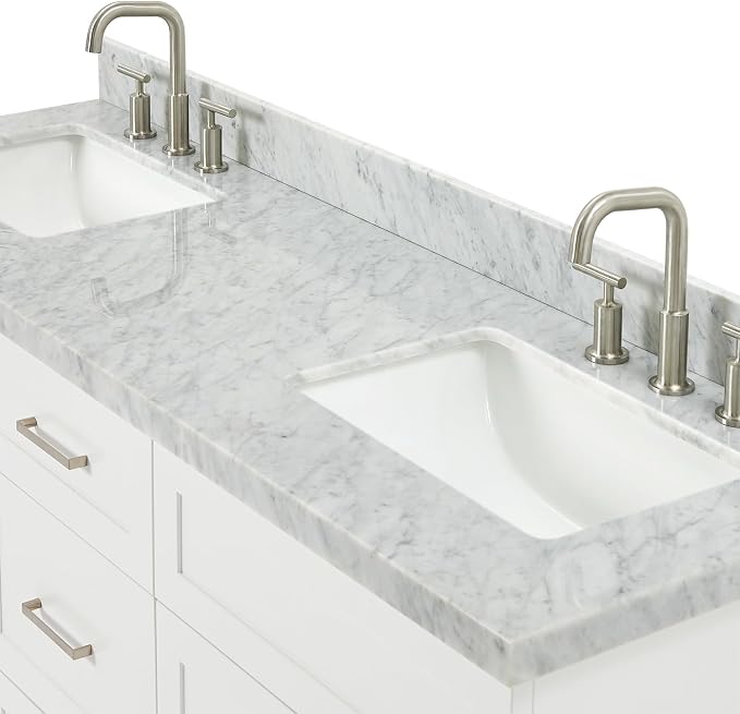 ARIEL Hamlet 67" White Double Vanity, 1.5" Edge Italian Carrara Marble - Image 3