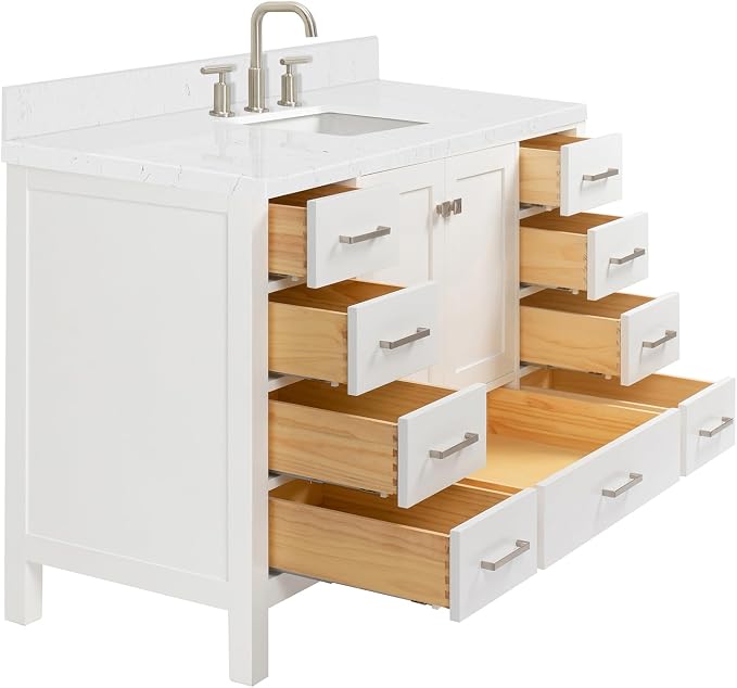 ARIEL Cambridge 54" White Bathroom Vanity, 1.5" Edge Carrara White Quartz - Image 3