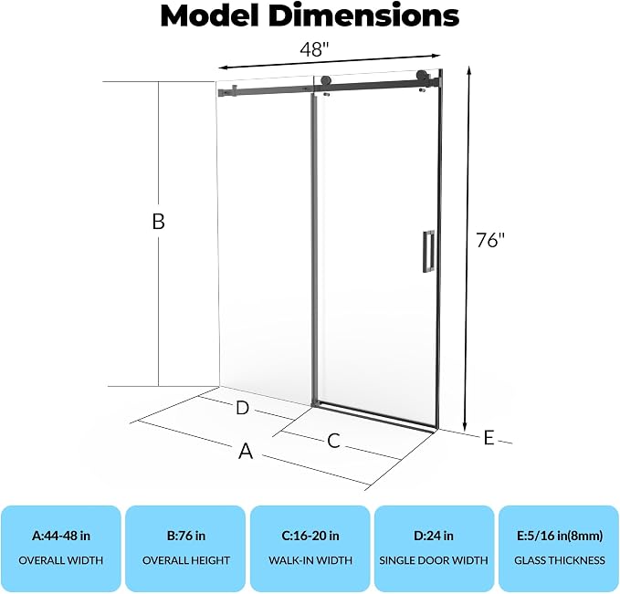 Frameless Sliding Shower Door, 44-48 Inches Wide x 76 Inches High, Features - Image 2