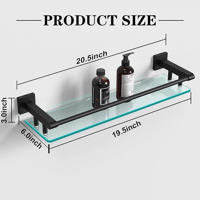 Bathroom Glass Shelf 20IN Rectangular Stainless Steel Tempered Glass Shelves - Image 2