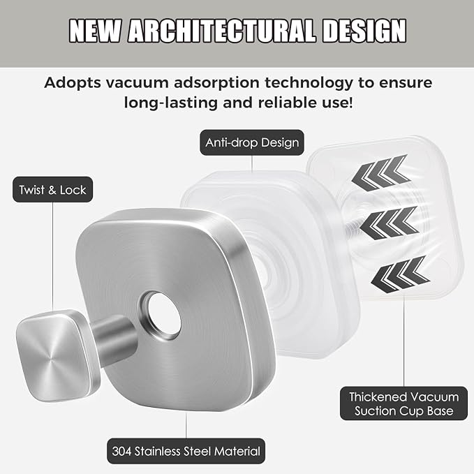 2Pcs Square Suction Cup Hook, 304 Stainless Steel Shower Hook, Removable - Image 6