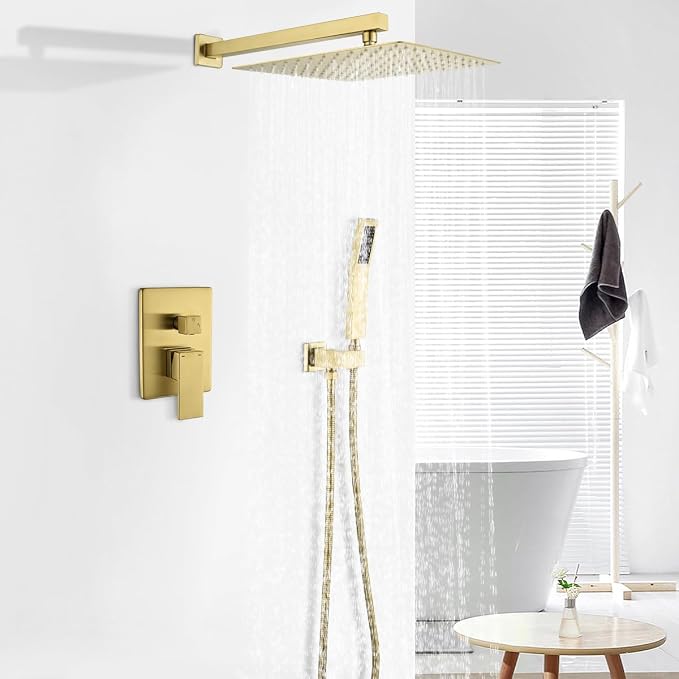 WELLFOR Brushed Gold 12" Wall Mounted Shower Faucet Set Single Handles - Image 3