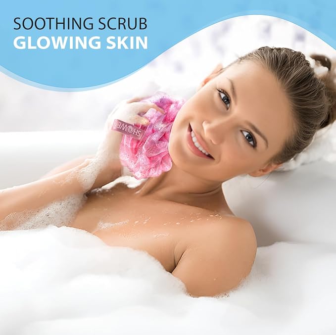 SHOWER BOUQUET Pink-Loofah Bath-Sponge XL 4-Pack // Extra Large 75g Soft Mesh - Image 4