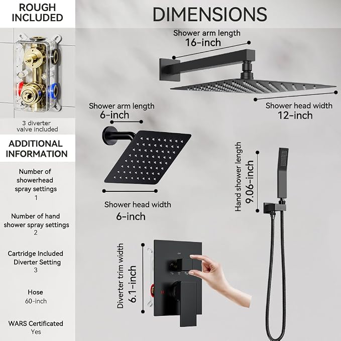 Shower Faucet Set Matte Black Shower System, STARBATH 12+6" Dual Rain Shower - Image 5
