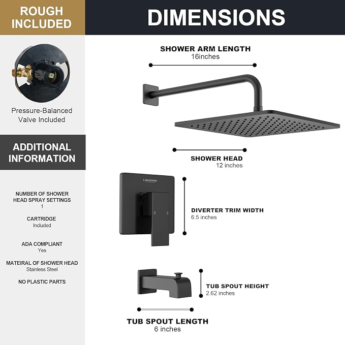 Lava Odoro 12-inch Square Bathtub and Shower Faucet Set Matte Black, Shower - Image 7