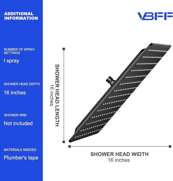 VBFF-Shower Head, rain shower head, 16 inch- Square Shower Head, 1.8 GPM Flow - Image 6