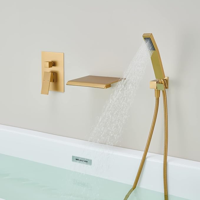 Wall Mount Tub Filler Waterfall Tub Faucet Brushed Gold Bathtub Faucet Brass - Image 6