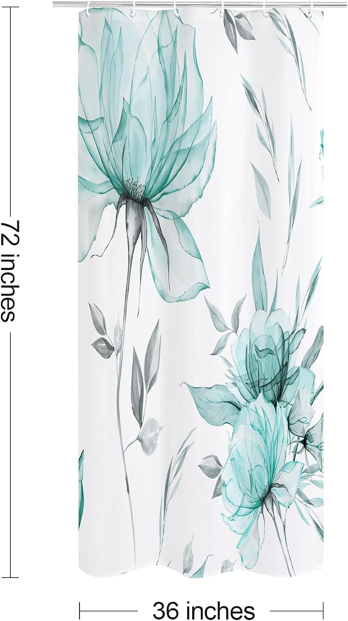 Small Stall Boho Watercolor Floral Shower Curtain 36 x 72, Teal Blue and Grey - Image 6
