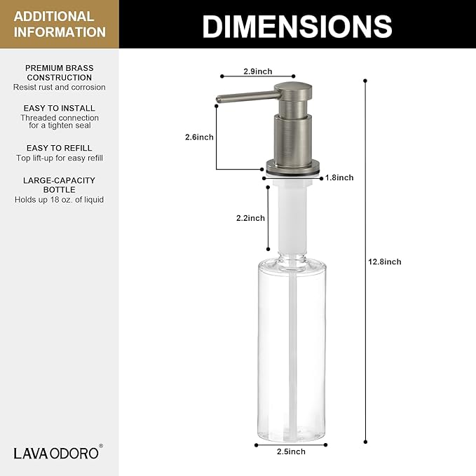 Lava Odoro Soap Dispenser for Kitchen Sink, Modern Brass Built in Countertop - Image 6