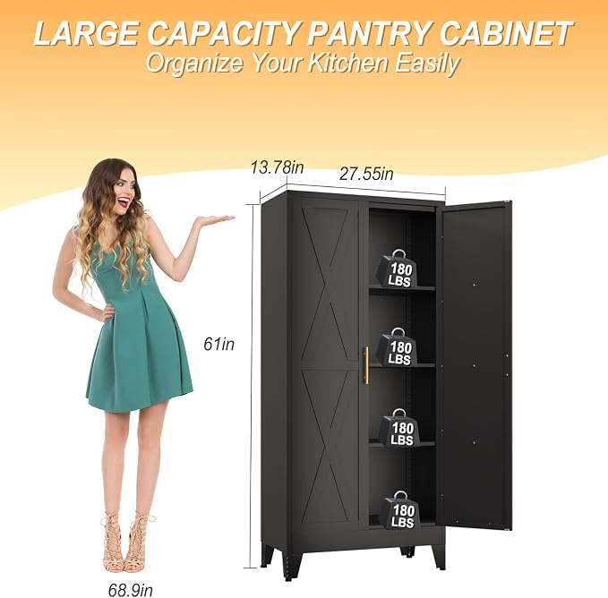 61" H Metal Kitchen Pantry Storage Cabinet, Freestanding Cupboard - Image 3