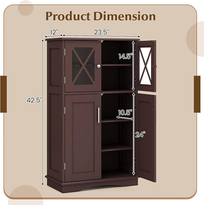 Tangkula Freestanding Floor Cabinet w/2 Glass Doors, 3-Level Adjustable Shelves - Image 3