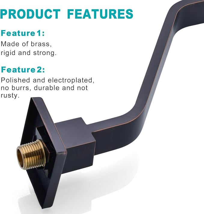 16 Inch S Shape Oil Rubbed Bronze Shower Head Arm, Square Wall Mounted Shower - Image 4