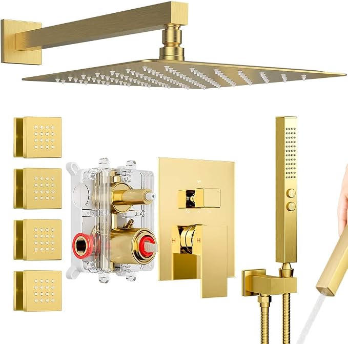 Shower System Brushed Gold Shower Faucets Sets, Bostingner 10" Rain Shower Head by Bostingner