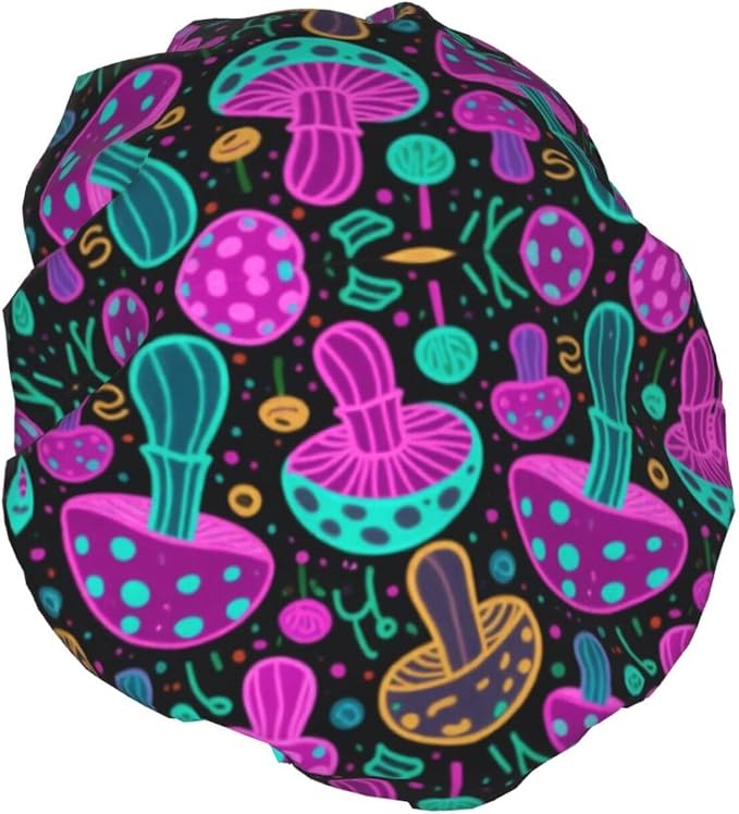 Double Layers Shower Caps for Women Girls, Colorful Mushroom Neon Glow in Dark - Image 2