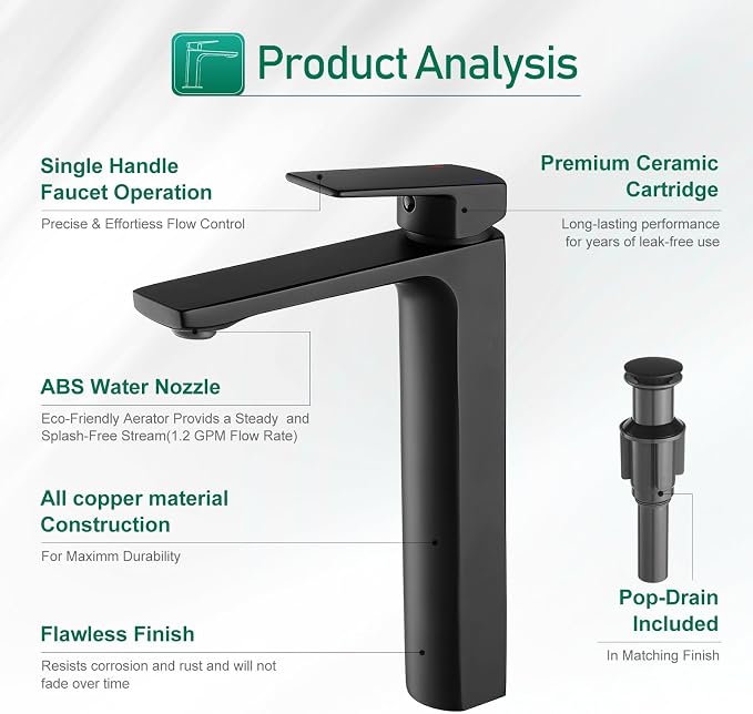 VOTON Vessel Sink Faucet Matte Black Tall Bathroom Faucet Single Handle Vanity - Image 5