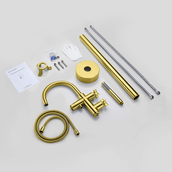 Freestanding Tub Filler Bathtub Faucet Brushed Gold Floor Mount Brass Bathroom - Image 7