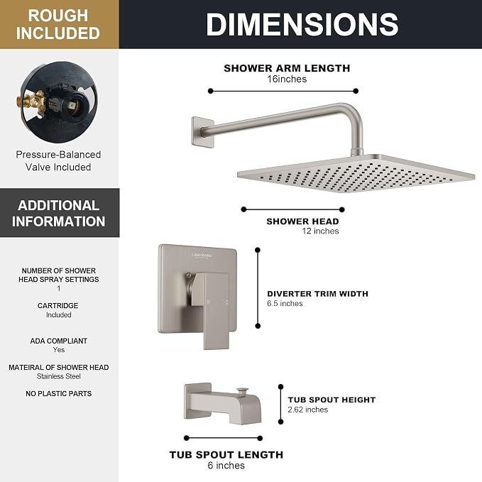 Lava Odoro 12-inch Square Bathtub and Shower Faucet Set Brushed Nickel - Image 6