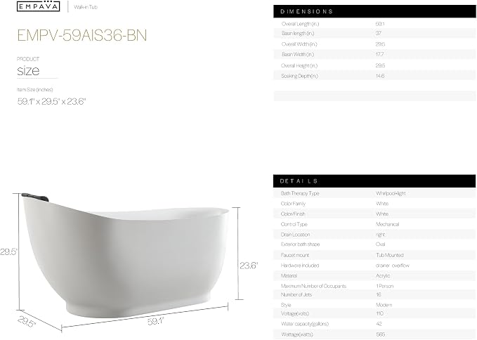 Empava Update Acrylic Whirlpool Bathtub, 59 Inch Acrylic Freestanding Jetted Tub - Image 9