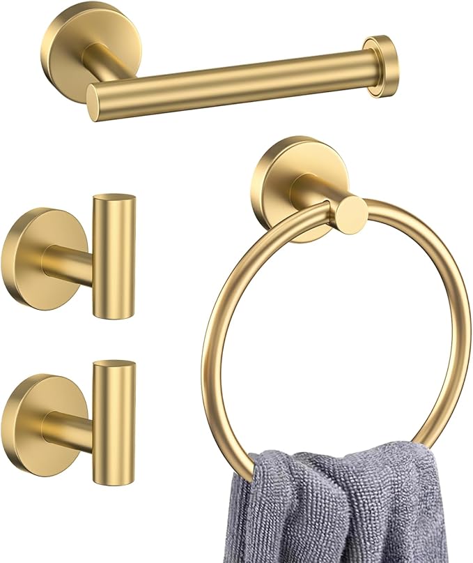 4-Piece Brushed Gold Bathroom Hardware Set, Toilet Paper Holder & 2 Robe by Kiakuoow