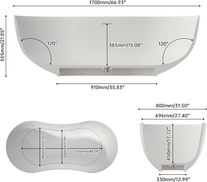 67 Inch Stone Resin Freestanding Bathtub, Contemporary Peanut Oval Stand Alone - Image 5