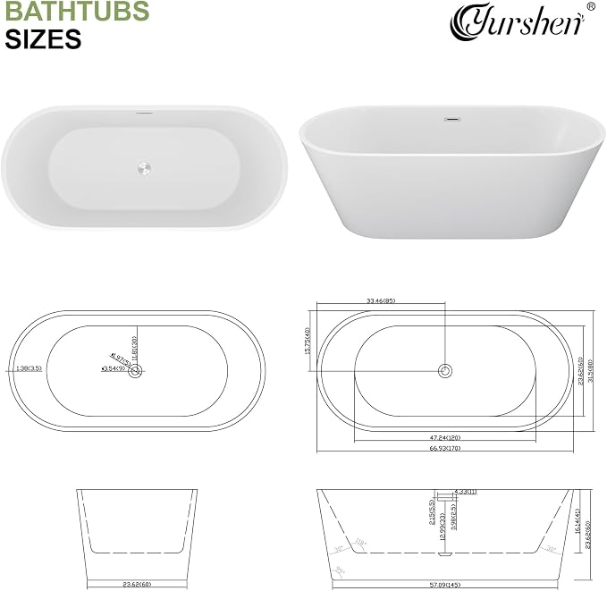 67 Inch Freestanding Acrylic Soaking Tub White Roll Top Bathtub - Image 8