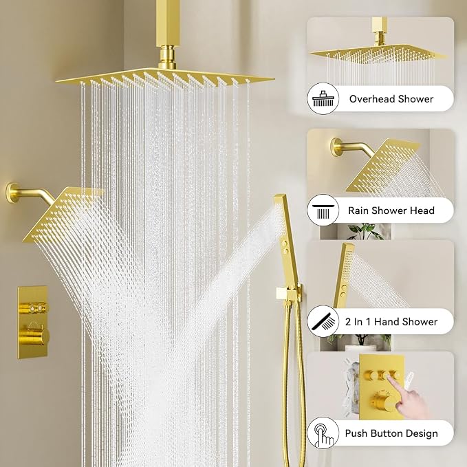 Brushed Gold Shower System, STARBATH Ceiling Mounted 12+8 Inch Rainfall Shower - Image 2