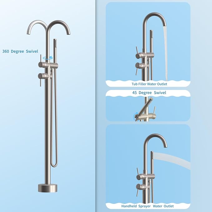 Freestanding Bathtub Faucet, Tub Filler Floor Mount Stand Bathtub Faucet Brass - Image 4