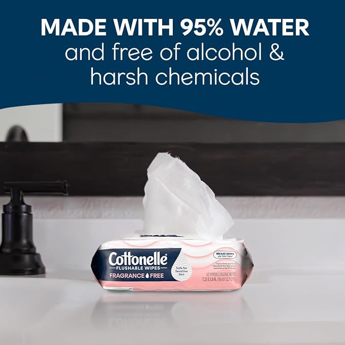 Cottonelle Fragrance Free Flushable Wet Wipes, Adult Wet Wipes, 2 Flip-Top Packs - Image 2