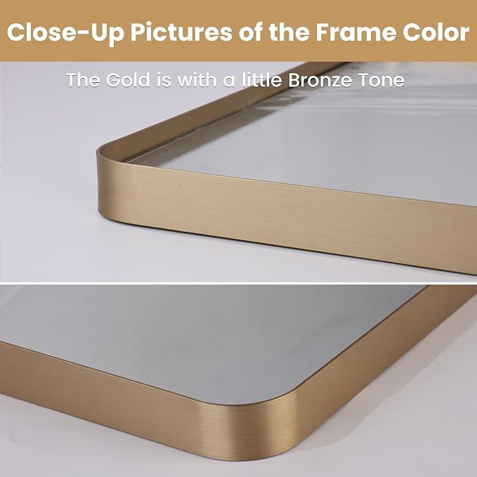 LOAAO 28”X36” Gold Bathroom Mirror, Rounded Rectangle Gold Frame Mirror - Image 3