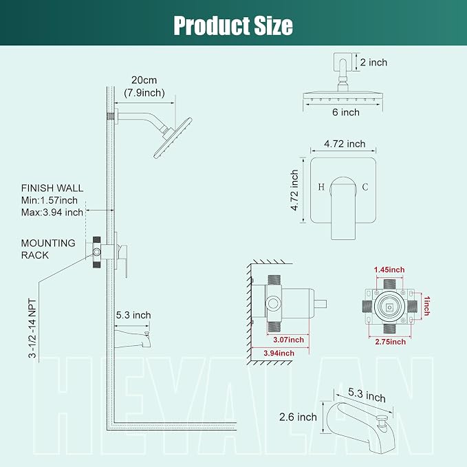 Heyalan Bathtub Shower Faucet Set, 6 Inch Square Trim Kit - Image 8