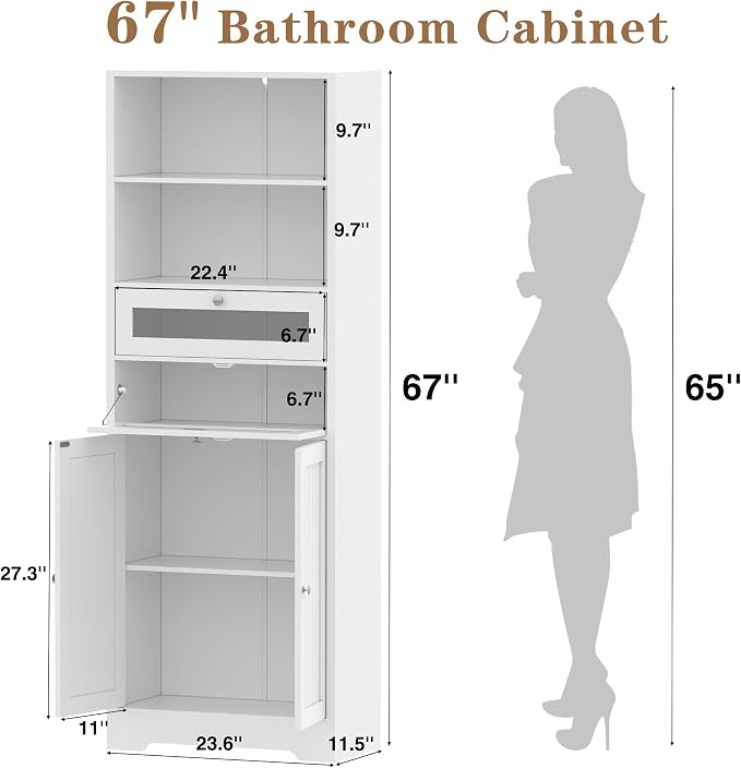 MU 67" Tall Bathroom Storage Cabinets, Modern Linen Cabinet - Image 2