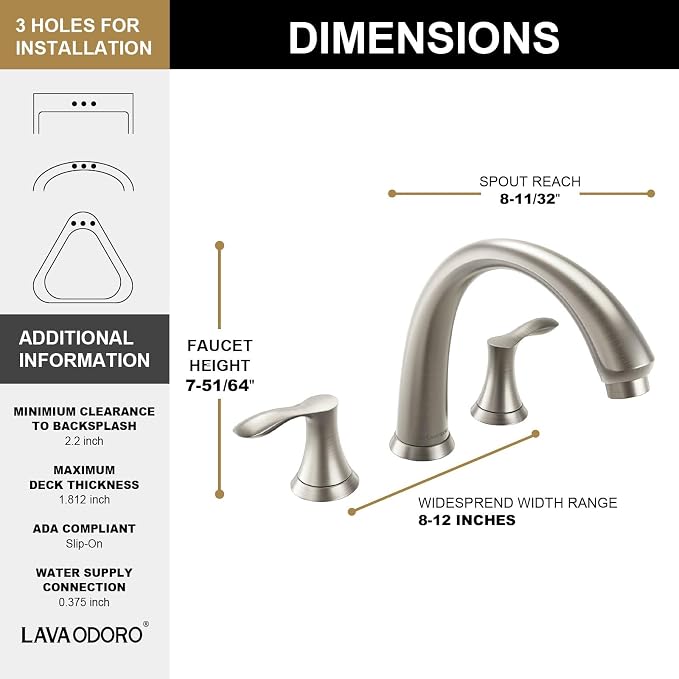 8 inch Widespread Roman Tub Faucet, Lava Odoro Brushed Nickel Tub Faucet - Image 5