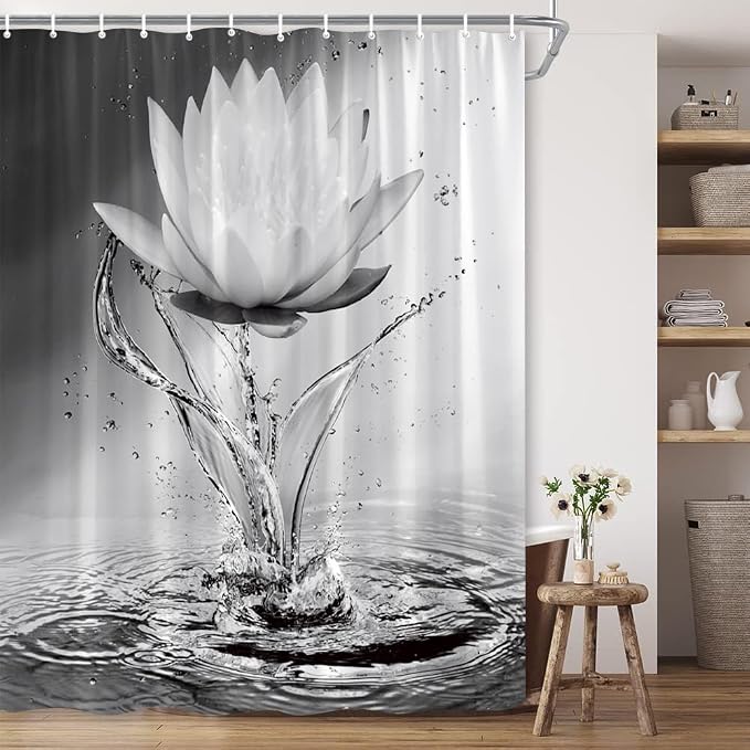 Lotus Shower Curtain Black White Grey Flower Elegant Blooming Floral by showercurtain