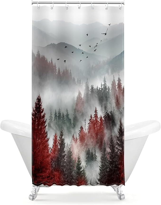 Riyidecor Stall Half Small Rv Shower Curtain 36Wx72H Inch Red Black Mountain - Image 6